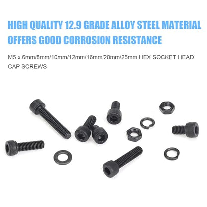 DYWISHKEY 226 Pieces M5 Black Screws, 12.9 Grade Alloy Steel M5x 6/8 /10/12 /16/20 /25mm Hex Socket Head Cap Screws Bolts Nuts Washers Assortment Kit - size: M5, style: Socket Head