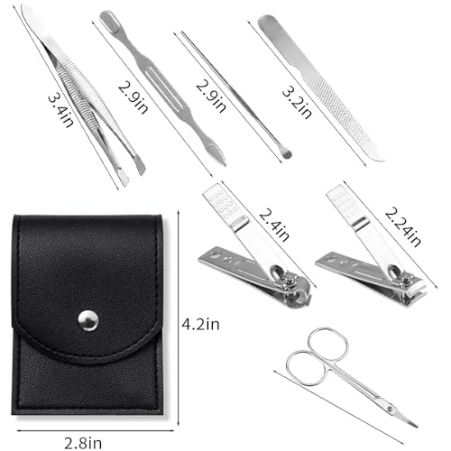Manicure Set, Travel Nail Kit 7 in 1 Professional Travel Nail Clippers with Black Leather Bag, Stainless Steel Clippers Scissors Pedicure Tools Grooming Kit for Women Man