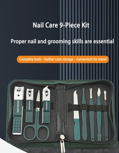 Professional Manicure Pedicure Set 10PCS Stainless Steel Nail Clipper Grooming Kit with Cuticle Trimmer Toenail Cutter Nail File Tweezers Ear Pick Travel Case for Hand Foot Care Emerald Green