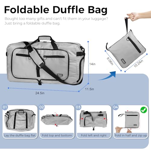 Fmeida 65L Duffle Bag with Shoes Compartment, Foldable Travel Duffel Bags for Men Women, Large Packable Travel Bag Water Repellent & Tear Resistant (Light Gray) - color: Glossy Light Gray