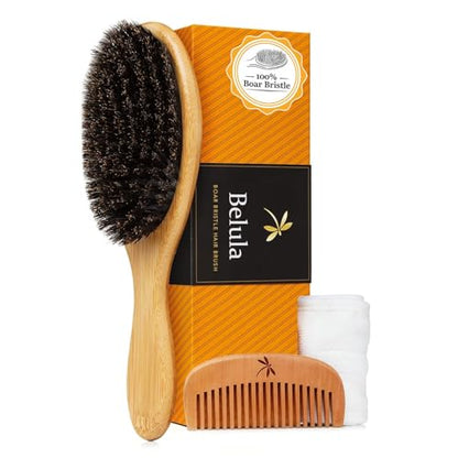 100% Boar Bristle Hair Brush for Women Set by Belula (L Size). Soft Natural Bristles for Thin and Fine Hair. Wooden Comb, Travel Bag and Spa Headband Included! - size: Large