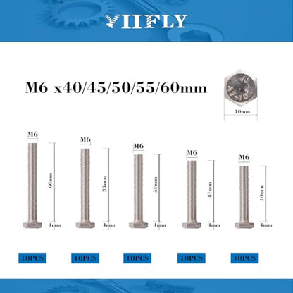 M6-1.0 Hex Head Screw Bolts - 40/45/50/55/60mm Length Kit, 304 Stainless Steel(A2-70), Bright Finish, Fully Threaded, Hexagon Head Bolts,Quantity 50-Piece Set - size: 304-Hex-M6-40-60mm