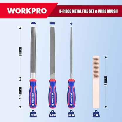 WORKPRO 8-Inch Metal File Set, 3-Piece Flat Half Round Round Files | Carbon Steel Files with Wire Brush & Storage Pouch for Woodworking, Metalworking, Shaping and Smoothing - size: 3-Piece Metal File Set