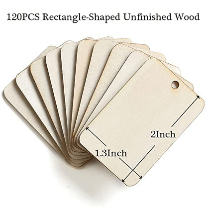 115 Pcs Unfinished Wood Pieces Rectangle-Shaped, HOOMBOOM 2 x 1.3 inch Light Wooden Cutout Natural Rustic with Hemp Rope, for Holiday Craft Projects, Hanging Decorations, Painting, Staining