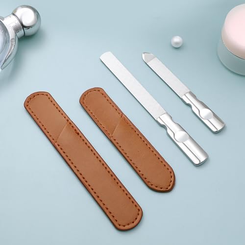 2 Pcs Metal Nail Files: Stainless Steel Fingernail with Anti-Slip Handle and Leather Case Double Sided - Reusable Nail File for Men and Women