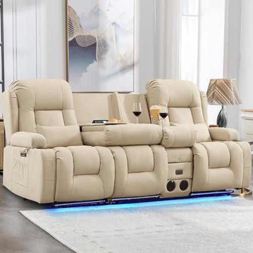 IPKIG Power Recliner Sofa with Flip-Up Backrest Console, USB & USB-C Ports, AC Outlet, LED Lights, Wall Hugger Recliners for Living Room, RV (Beige, 89" - 4 Seat) - color: Beige, size: 89" - 4 Seat