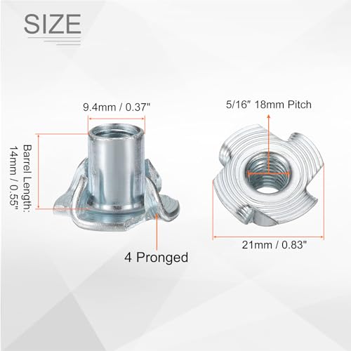 HARFINGTON 5/16x14mm T-Nuts 4 Pronged Tee Nut 0.83" x 0.55" Fully Thread Carbon Steel Inserts for Wood, Rock Climbing Holds, Cabinetry, Furniture 50pcs - size: 5/16" x 0.55" x 0.83" x 0.55"