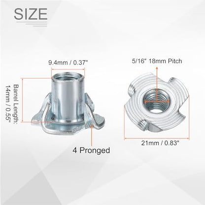 HARFINGTON 5/16x14mm T-Nuts 4 Pronged Tee Nut 0.83" x 0.55" Fully Thread Carbon Steel Inserts for Wood, Rock Climbing Holds, Cabinetry, Furniture 50pcs - size: 5/16" x 0.55" x 0.83" x 0.55"