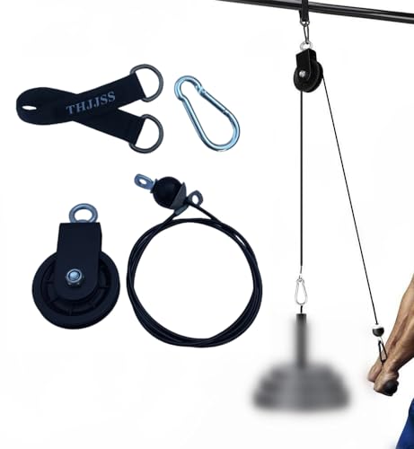 Home Gym Pulley Cable System,Silent Weight Cable Machine Attachment for Lat Pulldowns Tricep Extensions Heavy Duty Coated Steel Wire,Easy DIY Setup with Hanging Strap Carabiners Ideal for Small Spaces - color: 1 Pulley+1 Straps+1 Carabiner+59in Cable 1pcs