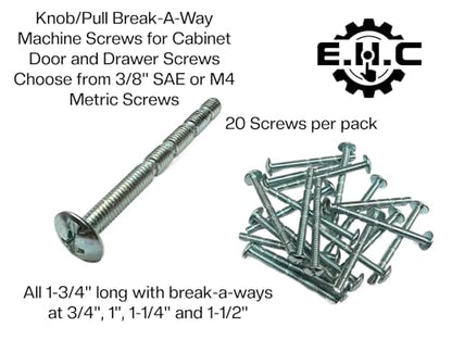 Knob/Pull Machine Screws (Break-A-Way) for Cabinet Door and Drawers Choose from 3/8" SAE or M4 Metric Screws All 1-3/4" Long by E.H.C (20, Nickel, 3/8" x 1-3/4" Long Standard SAE)