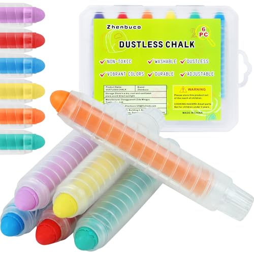 Dustless Chalk for Kids - 6 PCS Colored Dust-free Twistable Toddler Chalk with Plastic Holder, Non-toxic Washable Sidewalk Chalk for Chalkboard Drawing & Writing - Back to School Gift Box Packed - style: 6PC