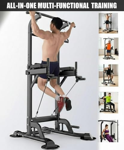 Freestanding Power Tower Dip Station, Adjustable Pull Up Bar for Home Gym with Backrest & Resistance Bands, 450 LBS Heavy Duty Multi-Function Calisthenics Workout Equipment for Adults & Teens