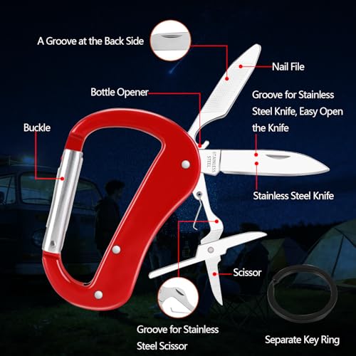 Multitool Carabiner with Pocket Knife, Stocking Stuffers Gifts for Men,Bottle Opener,Nail file,Small Scissors,EDC Carabiners Keychain,Survival Gear for Camping Hiking,Gifts(Red) - color: Red