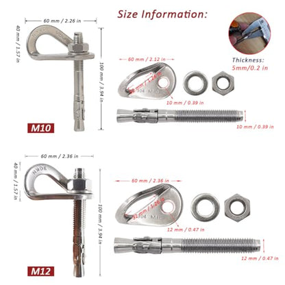 304 Stainless Steel Climbing Anchor Bolt, 25-30KN Rock Climbing Bolt Hanger, M10 and M12 Climb Fastening Bolt Safe Fixed Point, 4 Set Rock Climbing Holds