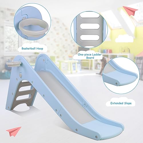 Toddler Indoor Slide, Foldable Baby Climber Playset with Basketball & Hoop | 63 in Extra Long Slope, Non-Slip Steps, Sturdy Plastic, Outdoor Playground for Backyard, Home & Playroom Use, Sky Blue - color: Sky Blue