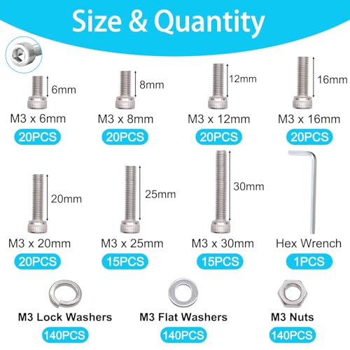 550PCS M3 Screw Kit, M3 x 6/8/12/16/20/25/30mm Hex Socket Head Cap Screws Bolts Nuts Washers Assortment Kit, 304 Stainless Steel Metric Bolts with Hex Wrench - size: SS M3 x 6/8/12/16/20/25/30mm, style: Socket Head