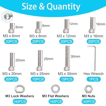 550PCS M3 Screw Kit, M3 x 6/8/12/16/20/25/30mm Hex Socket Head Cap Screws Bolts Nuts Washers Assortment Kit, 304 Stainless Steel Metric Bolts with Hex Wrench - size: SS M3 x 6/8/12/16/20/25/30mm, style: Socket Head