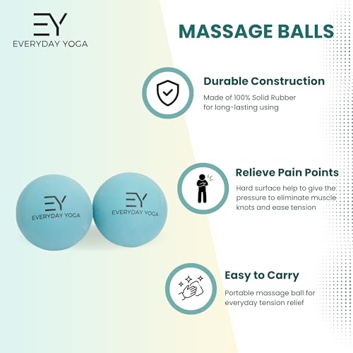 Everyday Yoga Massage Therapy Ball Set 2.5 Inch - Yoga Gear for Deep Tissue Massage, Muscle Recovery & Stress Relief, Rubber Balls with Tote Bag - Aqua
