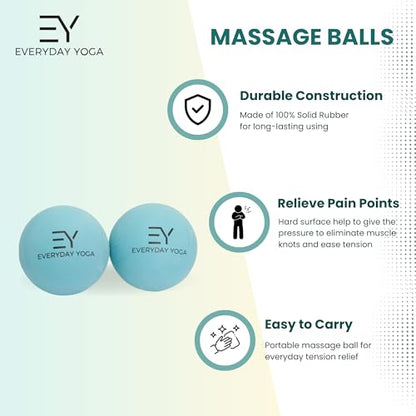 Everyday Yoga Massage Therapy Ball Set 2.5 Inch - Yoga Gear for Deep Tissue Massage, Muscle Recovery & Stress Relief, Rubber Balls with Tote Bag - Aqua