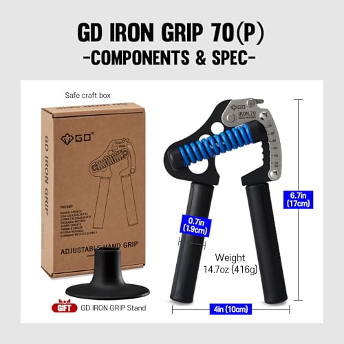 GD IRON GRIP 70 Grip Strength Trainer Hand Gripper Forearm Strengthener | Adjustable 44~154lbs Resistance, hand finger exerciser, forearm trainer squeezer, hand strengthening devices, Metal Hand Grip