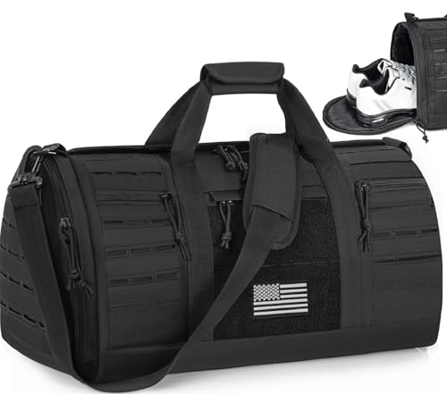 GMAK 21.5 Inch Military Tactical Duffle Bag for Men, 40L Sports Gym Bag with Shoe Compartment, Carry on Tote Travel Duffle Bag for Weekender Overnight Gym Workout Training Basketball Football, Black - color: Black