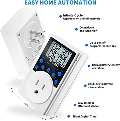 Digital Infinite Repeat Cycle Timer Plug with Countdown and 24 Hour Daily on-Off Programs for Electrical Outlets, Lights, Hydroponic Pumps (120V, 15A) [2 Pack]