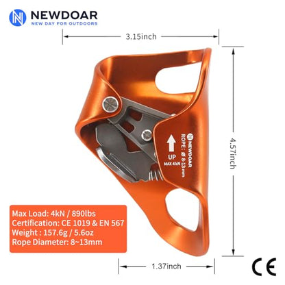 NewDoar Rock Climbing Chest Ascender Abdominal for Vertical Rope Climbing CE Certified Rope Clamp for 8~13MM Rope - color: Orange