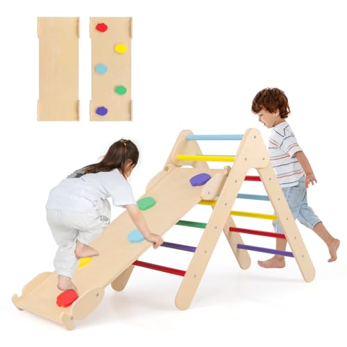 OLAKIDS Pikler Triangle Set 3 in 1 Climbing Toys for Toddlers Wood Montessori Baby Jungle Gym with Ramp Ladder Slide Kids Indoor Playground Activity Play Structure - color: Colorful