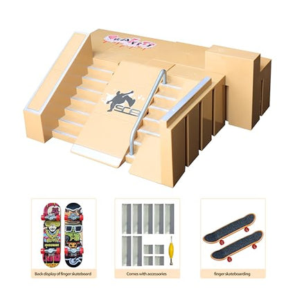 Fingerboard Skate Park Kit with 8 Skatepark Deck Ramp & 2 Mini Fingerboards | Skatepark Deck Ramp for Boys or Girls Gift，DIY Finger Skateboard Ramp Set for Kids Ages 5+