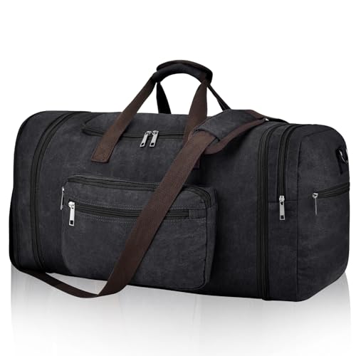 Felipe Varela 60L Canvas Duffle Bag for Men, Travel & Gym Carry on, Black | Lightweight, Expandable, Large Capacity, Water-Repellent, Eco Certified, Travel Duffel Compliant for Overnight & Weekend Trip - color: Black, size: 60L