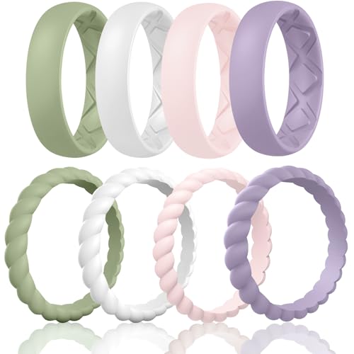Egnaro Women's Stackable Silicone Rings, 2.5/5.5mm Wide 1.8/2mm Thick Bands | Comfort-Fit Rubber Bands Offer Breathable Flexibility for Nurses, Workouts, Pregnancy, Yoga, Travel, Office, and All-Day Wear - color: A38-Mist Green, White, Whitepink, Light Pu