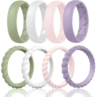 Egnaro Women's Stackable Silicone Rings, 2.5/5.5mm Wide 1.8/2mm Thick Bands | Comfort-Fit Rubber Bands Offer Breathable Flexibility for Nurses, Workouts, Pregnancy, Yoga, Travel, Office, and All-Day Wear - color: A38-Mist Green, White, Whitepink, Light Pu