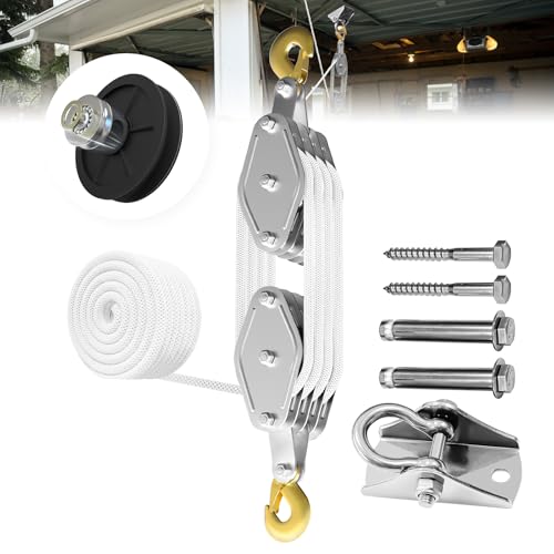 YATOINTO Rope Pulley Hoist 4400 LB, 8:1 Power Pulley Block and Tackle System, Pulley Block 65ft, Rope Hoist for Garage Warehouse Constructions with 1 Swing Hanger 2 Screws 2 Expansion Bolts - color: White, size: UPGRADED-4wheels+swing hanger