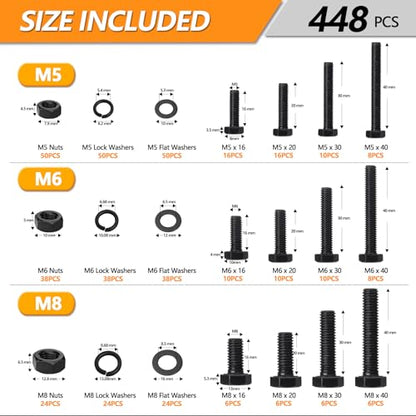 448 PCS Metric M5 M6 M8 Heavy Duty Hex Cap Bolts and Nuts Flat & Lock Washers Assortment Kit, 8.8 Grade Alloy Steel Black Metric Fully Thread Hexagon Allen Machine Bolt, 12 Most Common Sizes - style: Hex Head Cap - Kits
