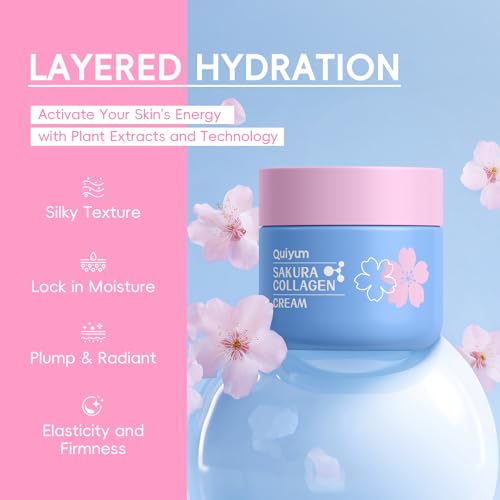 QUIYUM Sakura Collagen Skin Care Set - 5pcs Skincare for Women Teens | Facial Cleanser, Serum, Cream, Facial Brush, Hair Band & Makeup Bag, Deep Cleansing, Hydrating, Firming, Even Tone, Radiance - size: 5 Count (Pack of 1)