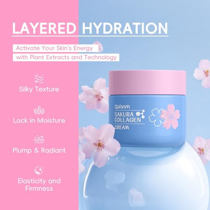 QUIYUM Sakura Collagen Skin Care Set - 5pcs Skincare for Women Teens | Facial Cleanser, Serum, Cream, Facial Brush, Hair Band & Makeup Bag, Deep Cleansing, Hydrating, Firming, Even Tone, Radiance - size: 5 Count (Pack of 1)