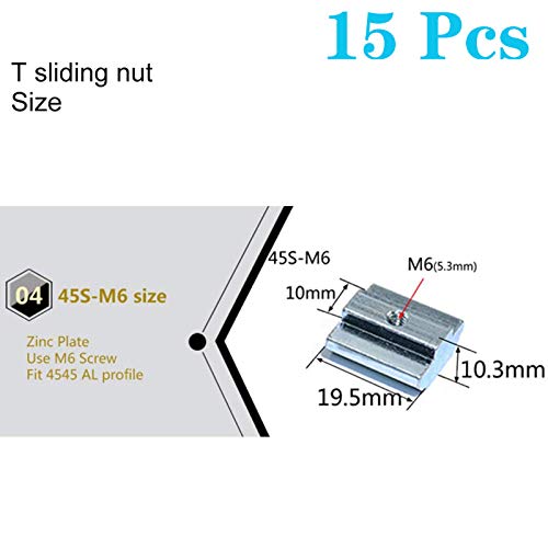 15pcs 4545 Series Sliding T Nuts Metric M6 Thread Slide in Hammer Head T-Nut for Standard 10mm T-Slot Aluminum Extrusion Profile （4545 Series M6） - size: 4545 Series M6