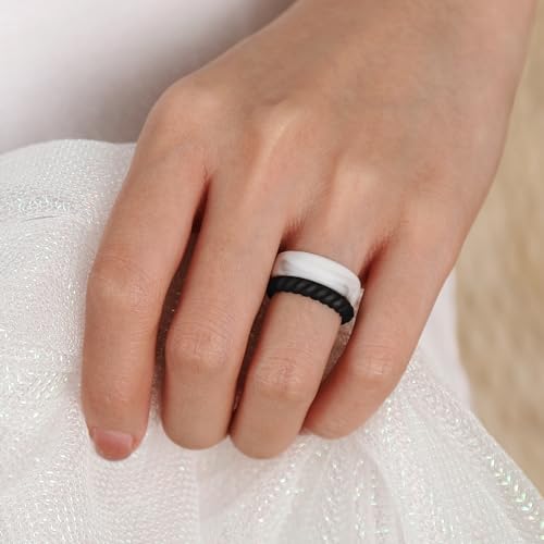 Egnaro Women's Stackable Silicone Rings, 2.5/5.5mm Wide 1.8/2mm Thick Bands | Comfort-Fit Rubber Bands Offer Breathable Flexibility for Nurses, Workouts, Pregnancy, Yoga, Travel, Office, and All-Day Wear - color: A34-Black, Metallic Silver, Marble, Dark s