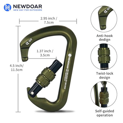 NewDoar CE Certified 30kN-6744lbs Climbing Carabiner Professional, Heavy Duty D Screwgate Clip, for Climbing,Rappelling,Hunting, Rescue - color: Screwgate/ArmyGreen/5pcs