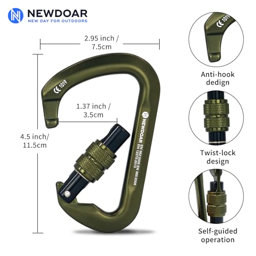 NewDoar CE Certified 30kN-6744lbs Climbing Carabiner Professional, Heavy Duty D Screwgate Clip, for Climbing,Rappelling,Hunting, Rescue - color: Screwgate/ArmyGreen/2pcs