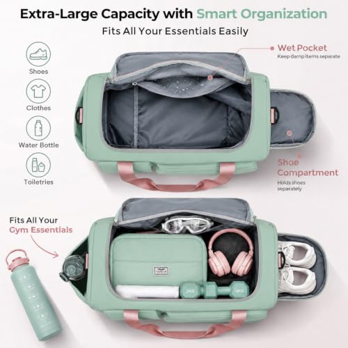 FIORETTO Women's Gym Duffle Bag with Shoes Compartment, 30L Capacity, Ideal for Travel, Gym, Sports, Duffel, Weekender - color: Green & Pink, style: Gym Bag With Toiletry Bag