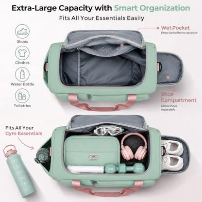 FIORETTO Women's Gym Duffle Bag with Shoes Compartment, 30L Capacity, Ideal for Travel, Gym, Sports, Duffel, Weekender - color: Green & Pink, style: Gym Bag With Toiletry Bag