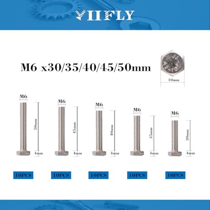 M6-1.0 Hex Head Screw Bolts - 30/35/40/45/50mm Length Kit, 304 Stainless Steel(A2-70), Bright Finish, Fully Threaded, Hexagon Head Bolts,Quantity 50-Piece Set - size: 304-Hex-M6-30-50mm
