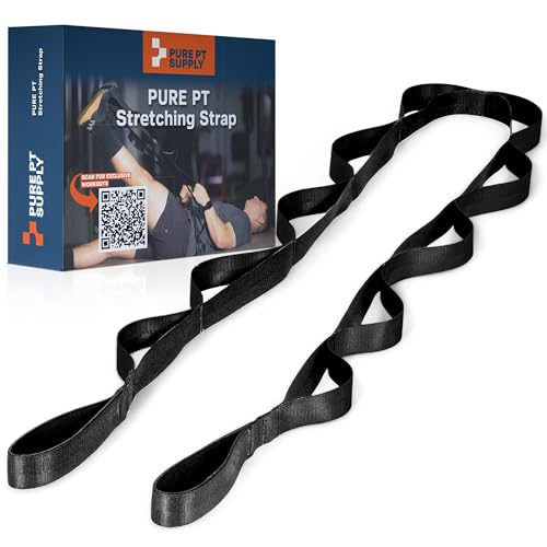 Pure PT Stretching Strap, 10 Loops, Non-Elastic Stretch Strap, Yoga Strap | Flexibility Training, Non-Elastic, Leg & Hamstring Stretcher, Rehab, Pilates, Home & Gym Use, Workout Guide Included