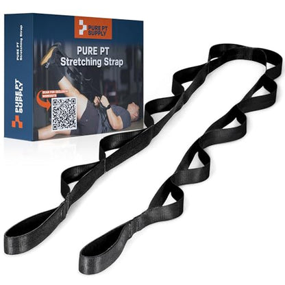 Pure PT Stretching Strap, 10 Loops, Non-Elastic Stretch Strap, Yoga Strap | Flexibility Training, Non-Elastic, Leg & Hamstring Stretcher, Rehab, Pilates, Home & Gym Use, Workout Guide Included