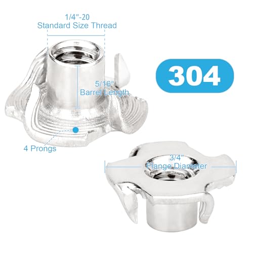 1/4"-20 T-Nuts (100 Pack), 304(18-8) Stainless Steel, 5/16" Barrel Length, 4-Pronged Tee Nut for Wood, Rock Climbing Holds, Cabinetry - size: 1/4"-20 100pcs, 304
