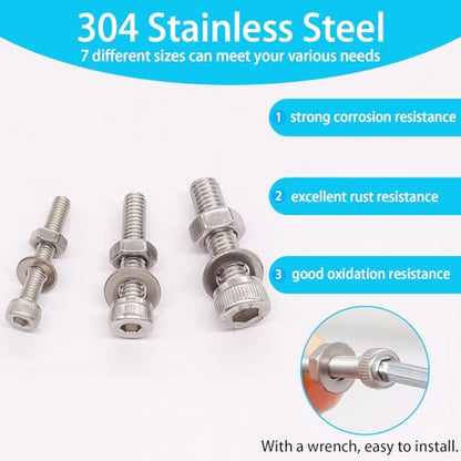 405PCS M3 M4 M5 Metric Screw Assortment Kit, 8-20mm Hex Socket Head Cap Screws Bolts Nuts Washers Assortment Kit, 304 Stainless Steel Metric Bolts with 3 Hex Wrench - size: SS M3 M4 M5, style: Socket Head