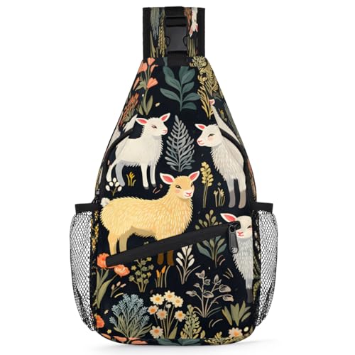Sheep Flowers Sling Bags for Women Men, Waterproof Crossbody Sling Backpack Travel Outdoor Sports Chest Bag - color: Black
