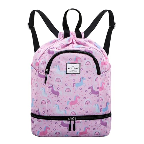 Dry Wet Drawstring Backpack with Shoe Compartment for Women Adjustable Gym Bag - color: Unicorn Pink