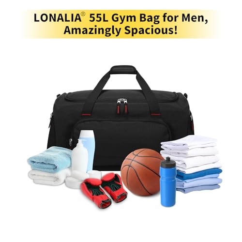 55L Sports Gym Duffle Bag for Men, 22 inch, Black | Large Capacity, Workout, Travel, Weekender, Fitness, Heavy Duty, Multi Pockets, Spacious - color: Black